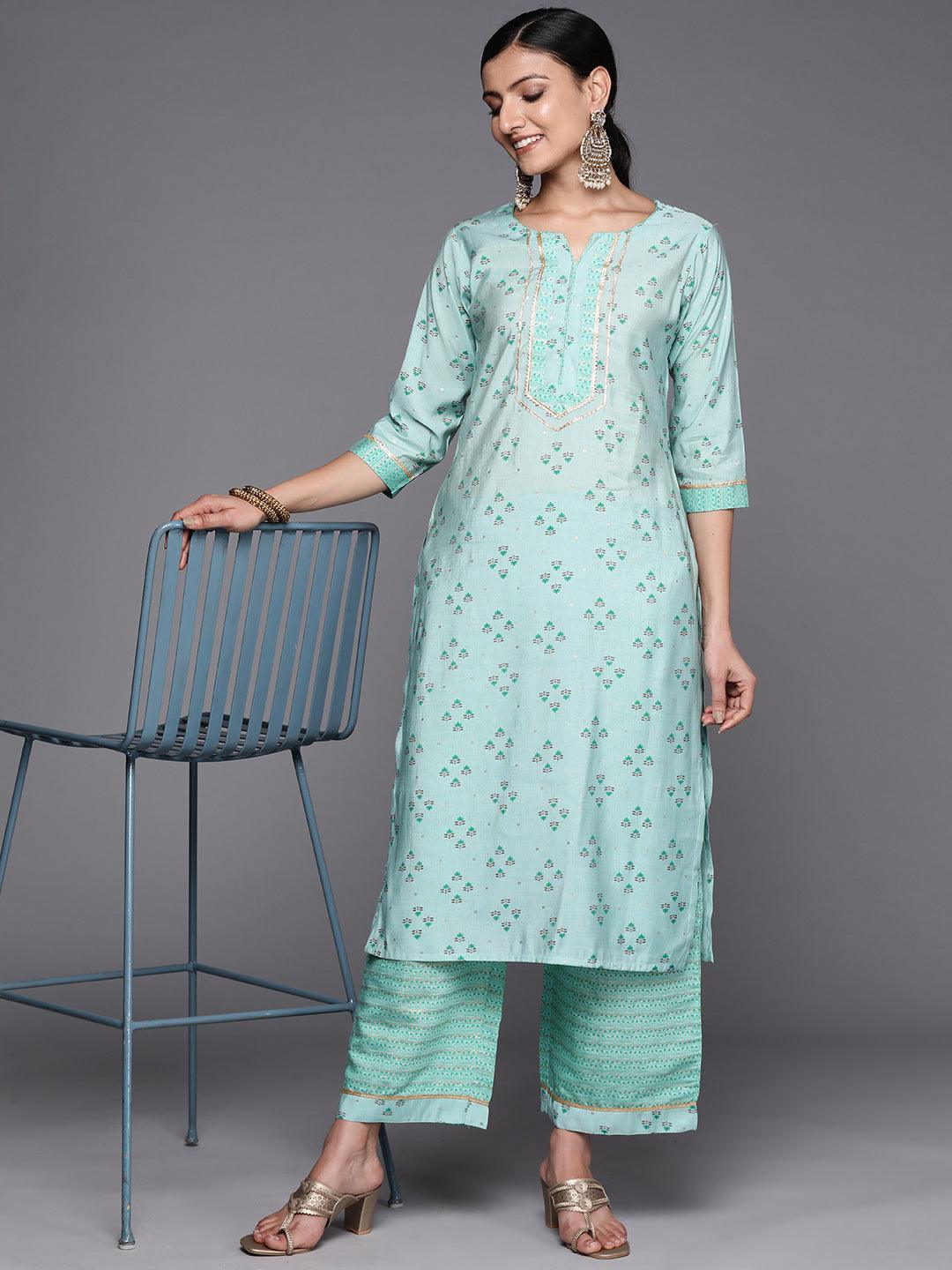 Blue Printed Silk Blend Straight Kurta Set With Palazzos