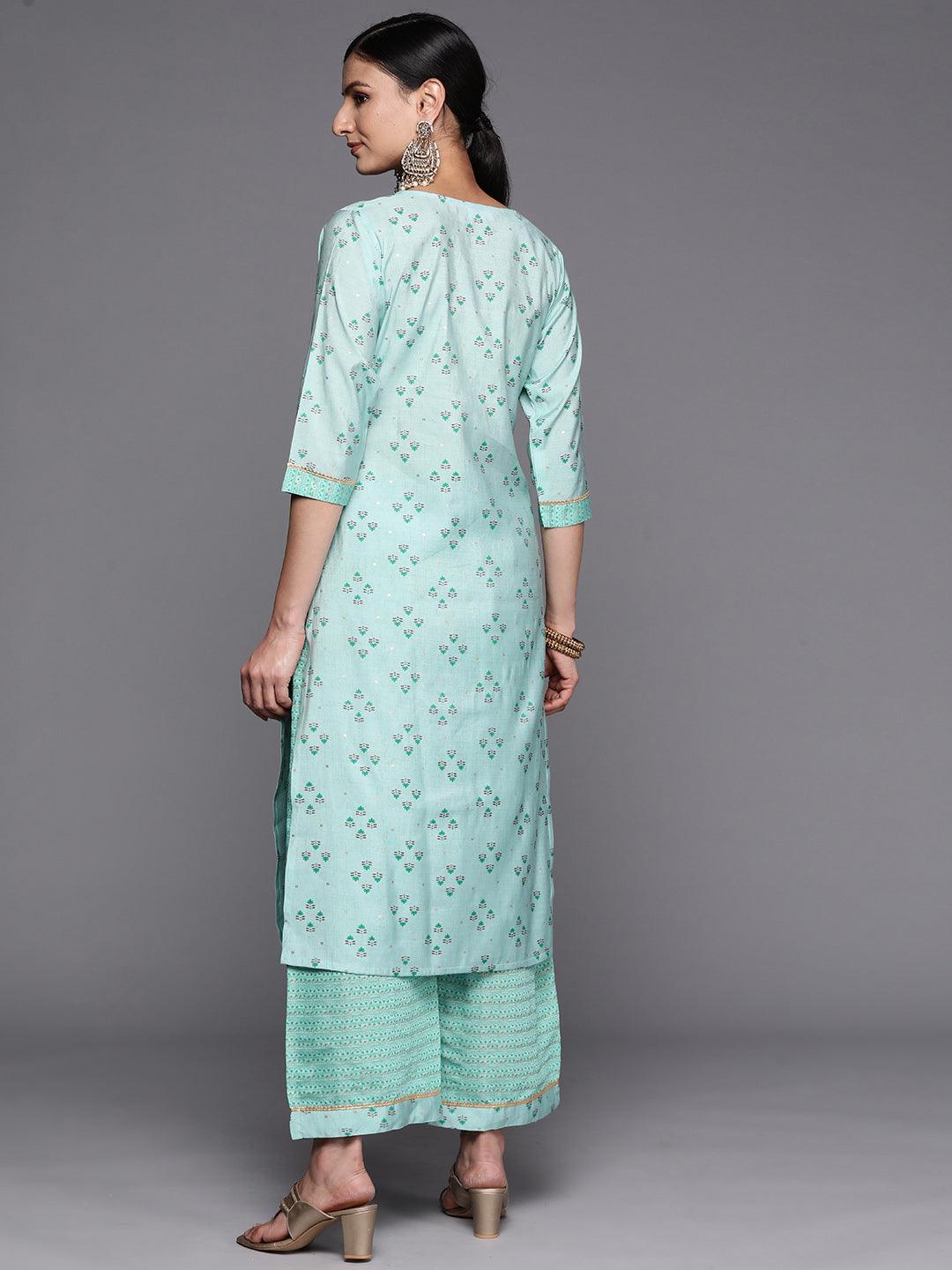 Blue Printed Silk Blend Straight Kurta Set With Palazzos