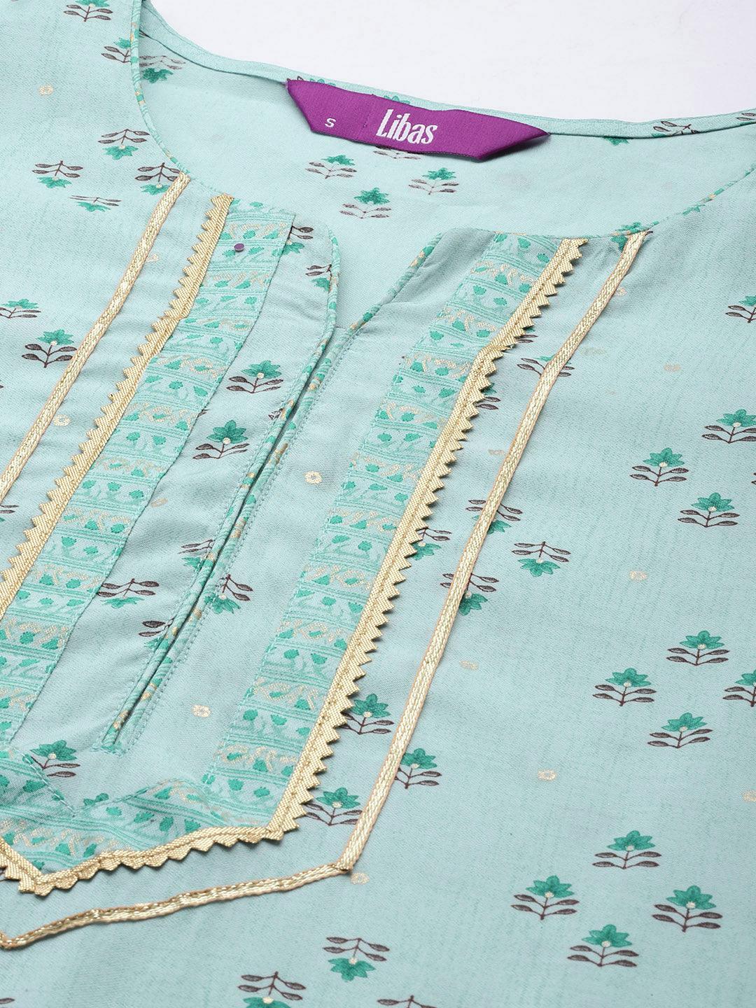 Blue Printed Silk Blend Straight Kurta Set With Palazzos