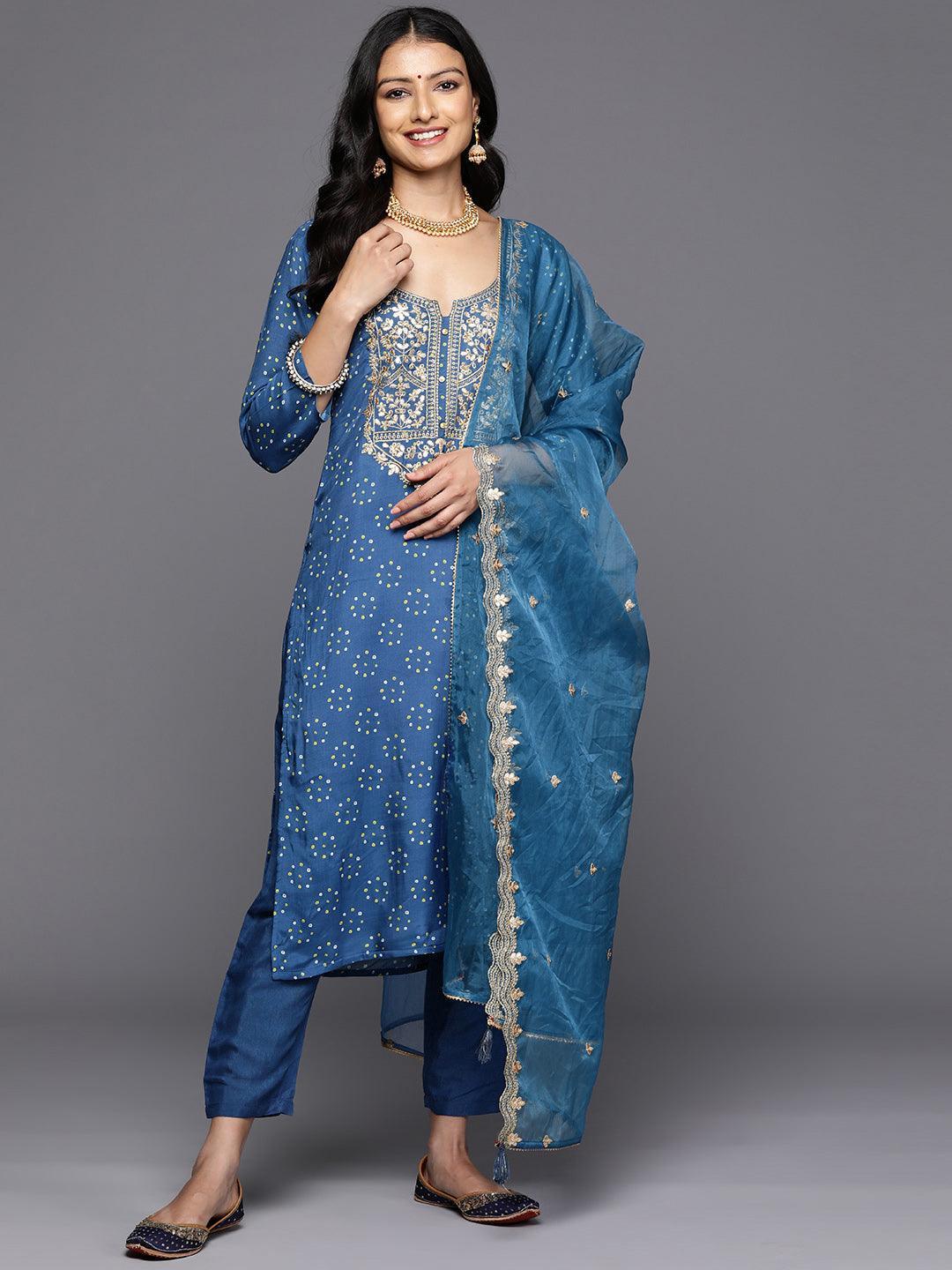 Blue Printed Silk Blend Straight Kurta With Trousers & Dupatta