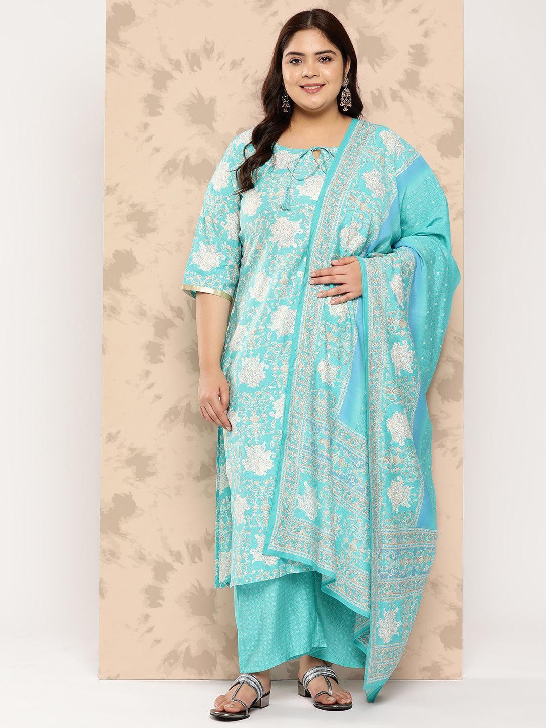 Blue Printed Silk Blend Straight Kurta With Trousers and Dupatta