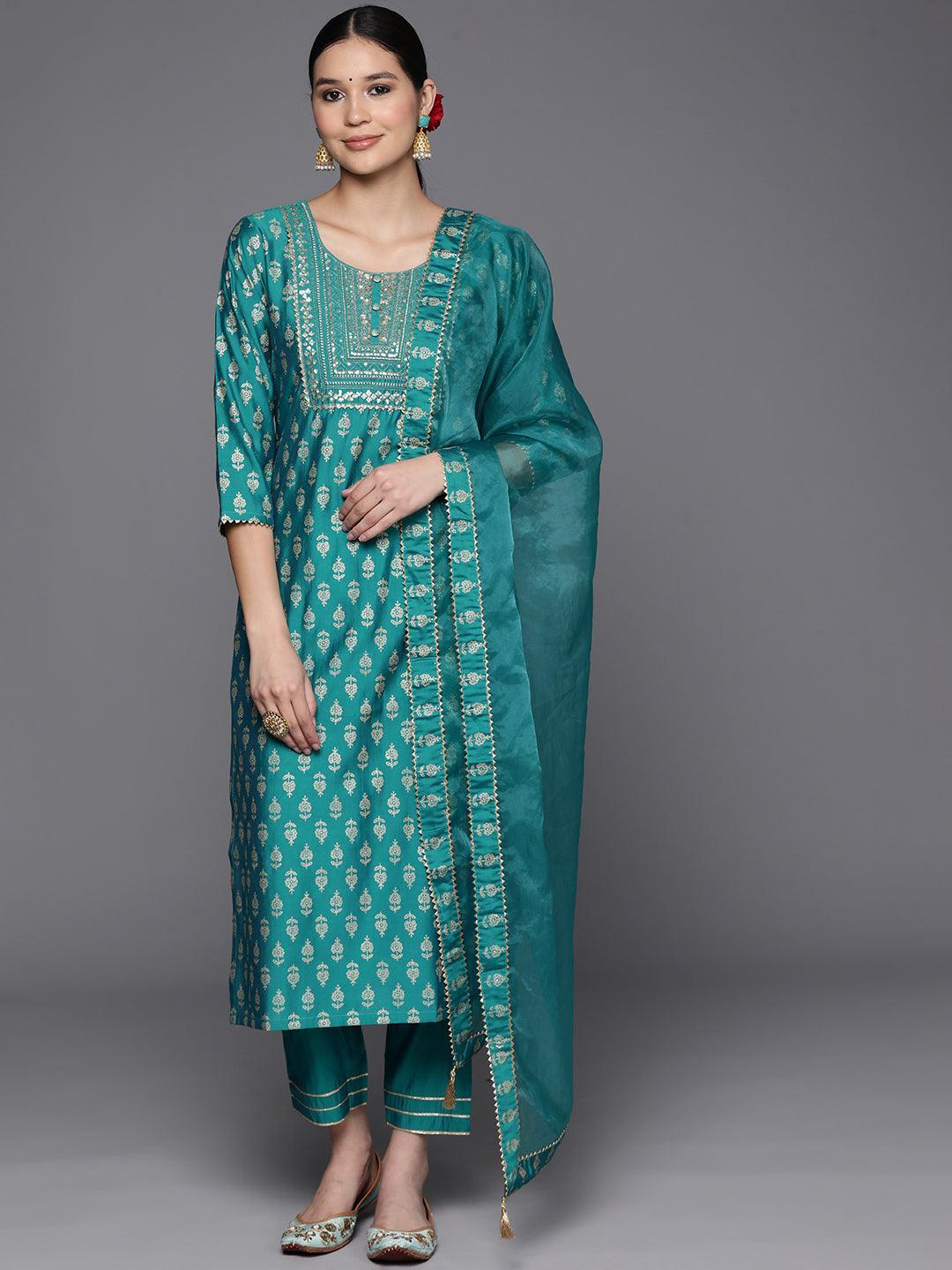 Blue Printed Silk Blend Straight Kurta With Trousers & Dupatta