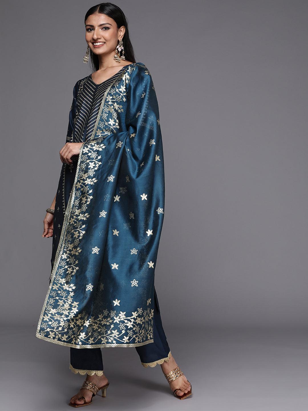 Blue Printed Silk Blend Straight Suit Set