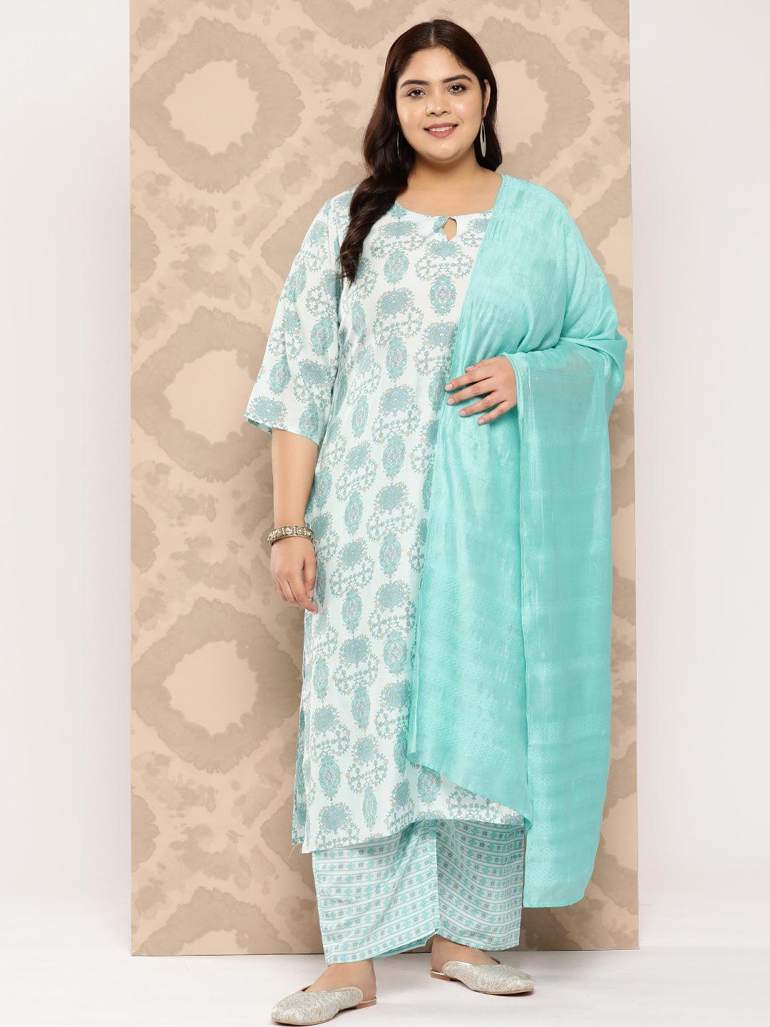 Blue Printed Silk Blend Straight Kurta With Trousers and Dupatta