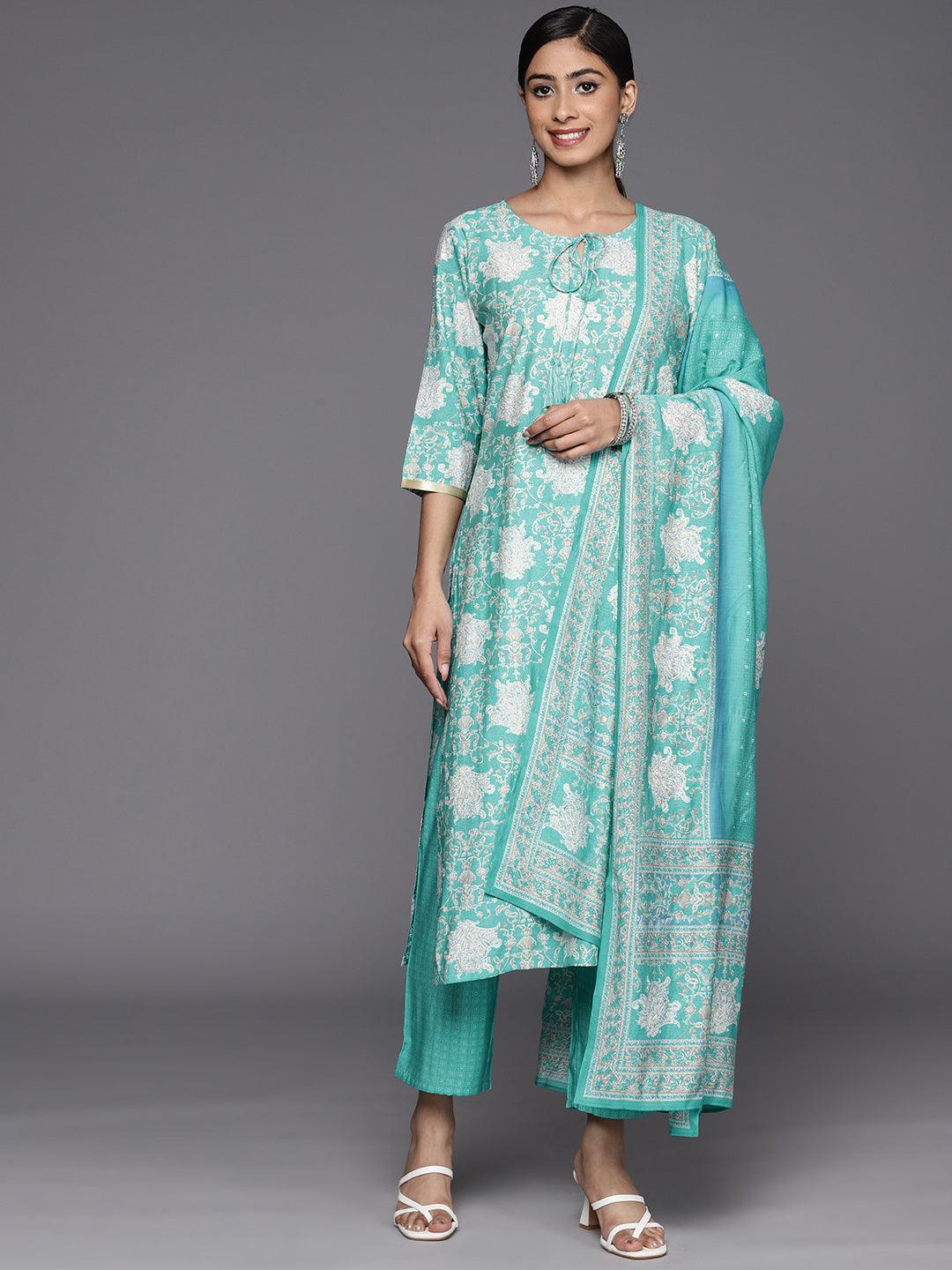 Blue Printed Silk Blend Straight Suit Set With Trousers