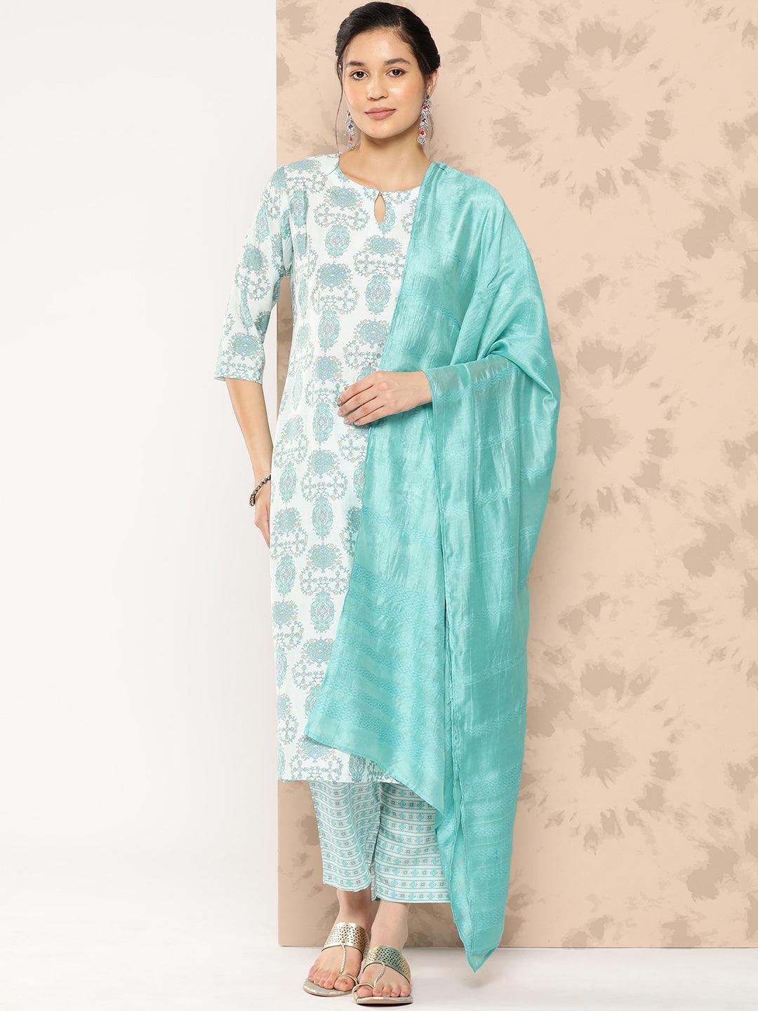 Blue Printed Silk Blend Straight Kurta With Trousers and Dupatta