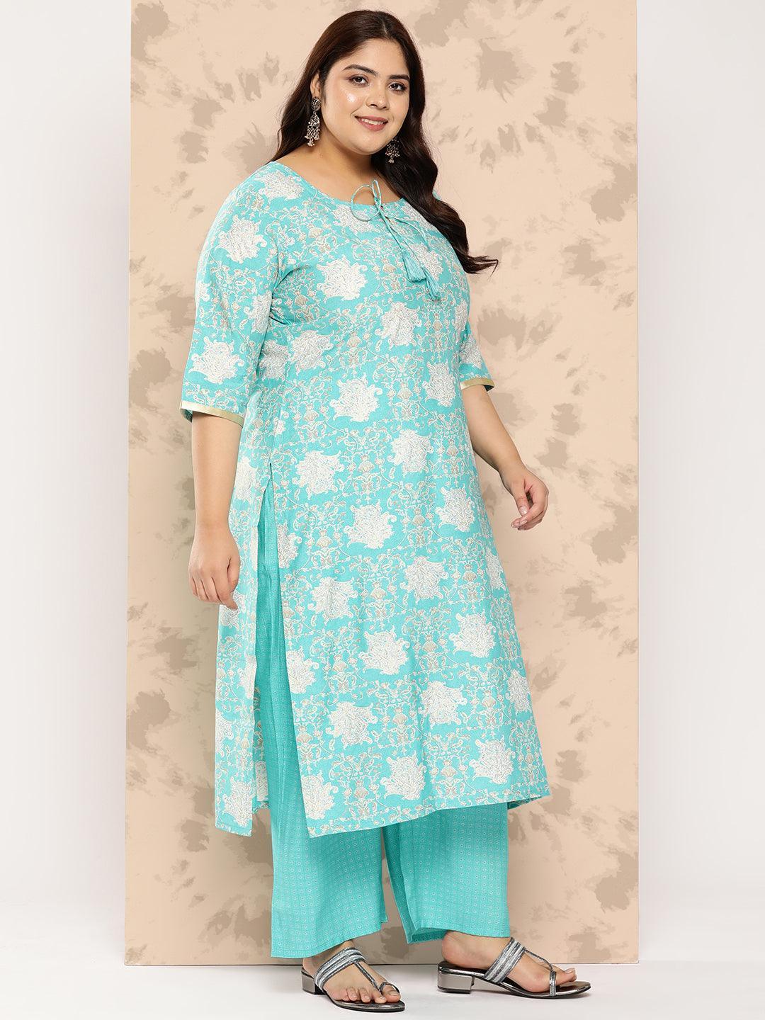 Blue Printed Silk Blend Straight Kurta With Trousers and Dupatta