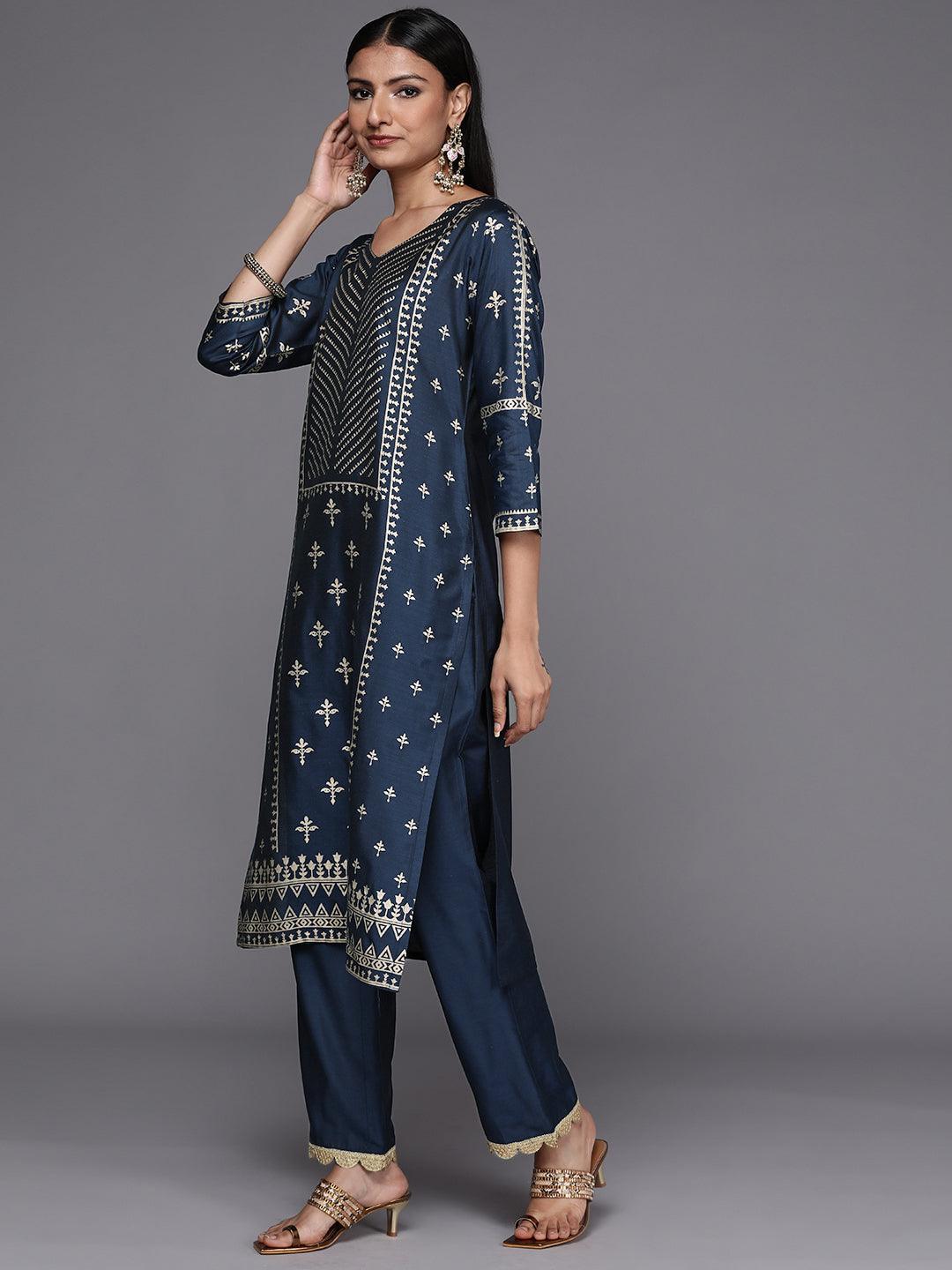 Blue Printed Silk Blend Straight Suit Set