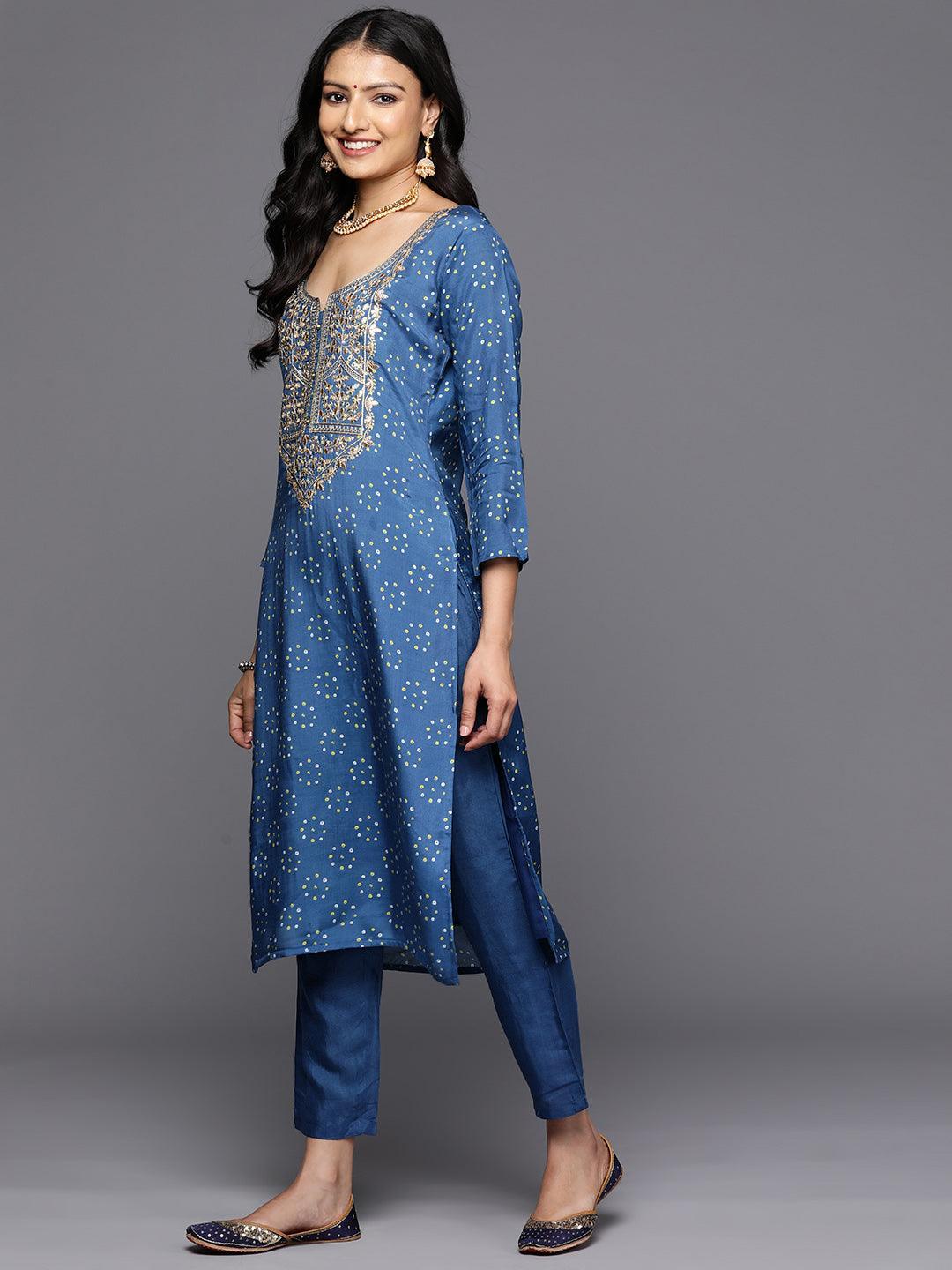 Blue Printed Silk Blend Straight Kurta With Trousers & Dupatta