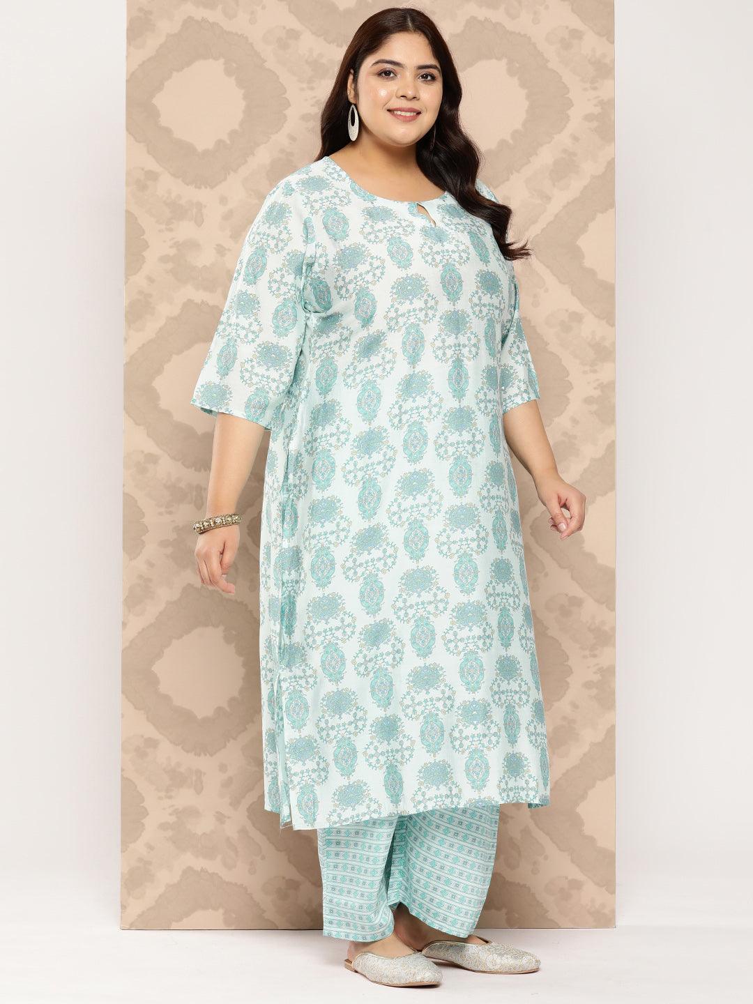 Blue Printed Silk Blend Straight Kurta With Trousers and Dupatta