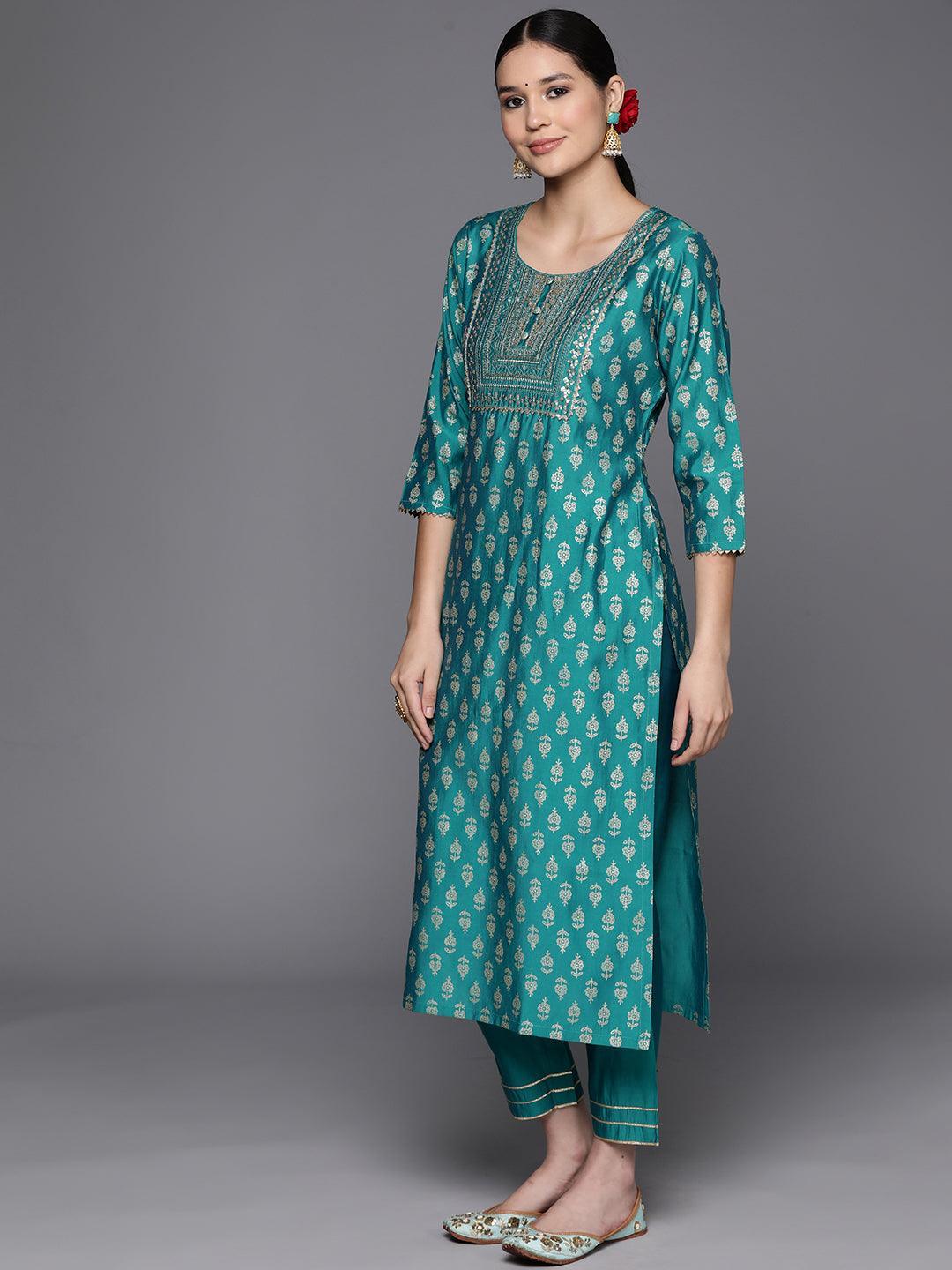 Blue Printed Silk Blend Straight Kurta With Trousers & Dupatta