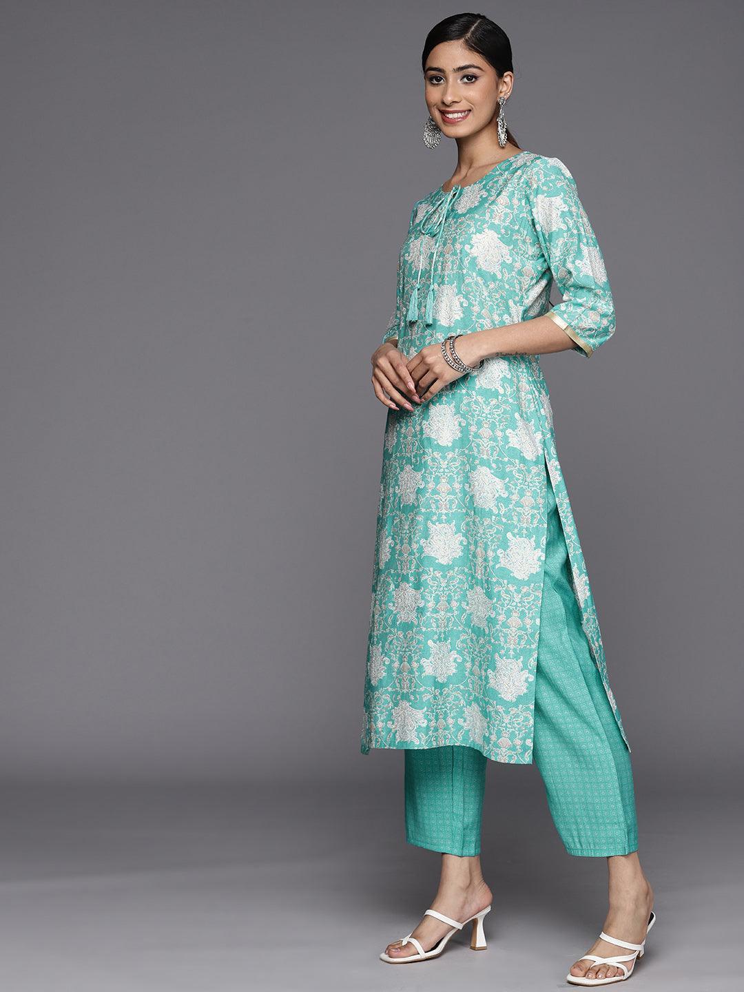 Blue Printed Silk Blend Straight Suit Set With Trousers