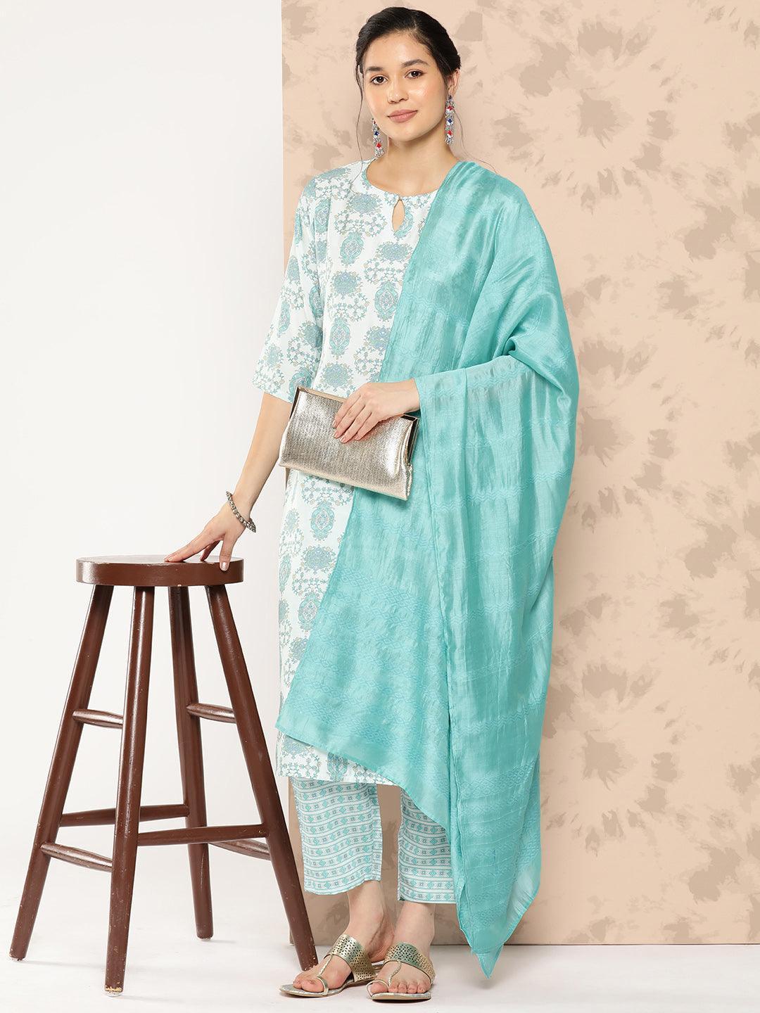 Blue Printed Silk Blend Straight Kurta With Trousers and Dupatta