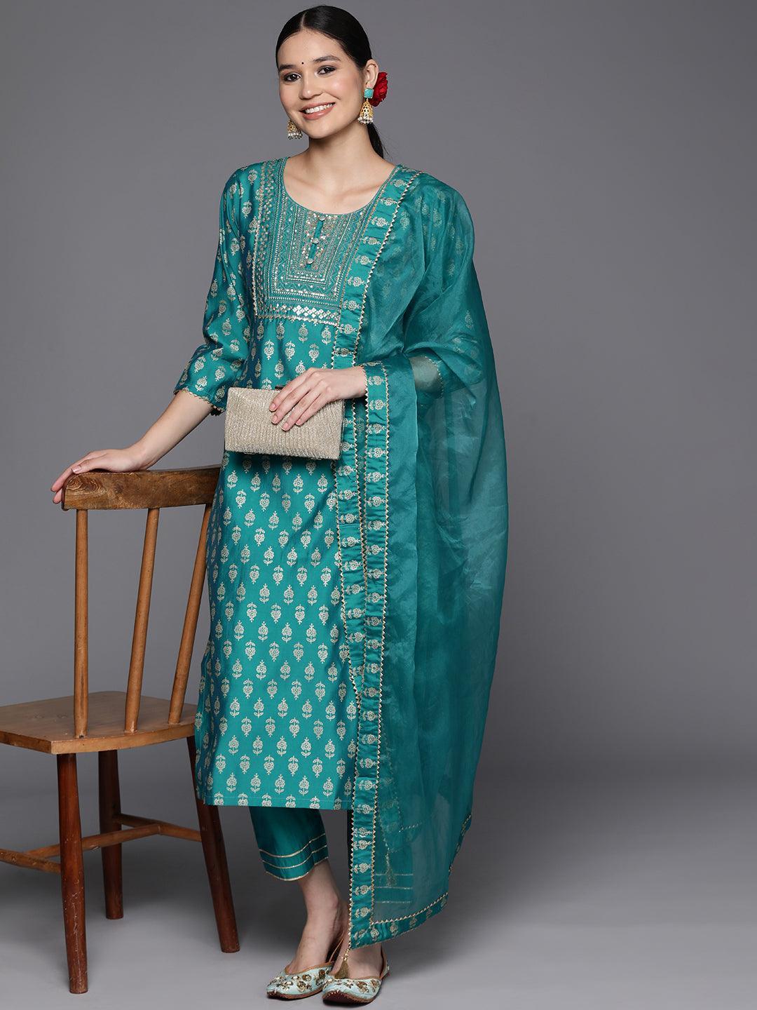 Blue Printed Silk Blend Straight Kurta With Trousers & Dupatta