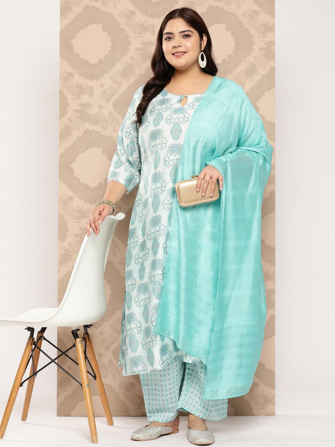 Blue Printed Silk Blend Straight Kurta With Trousers and Dupatta