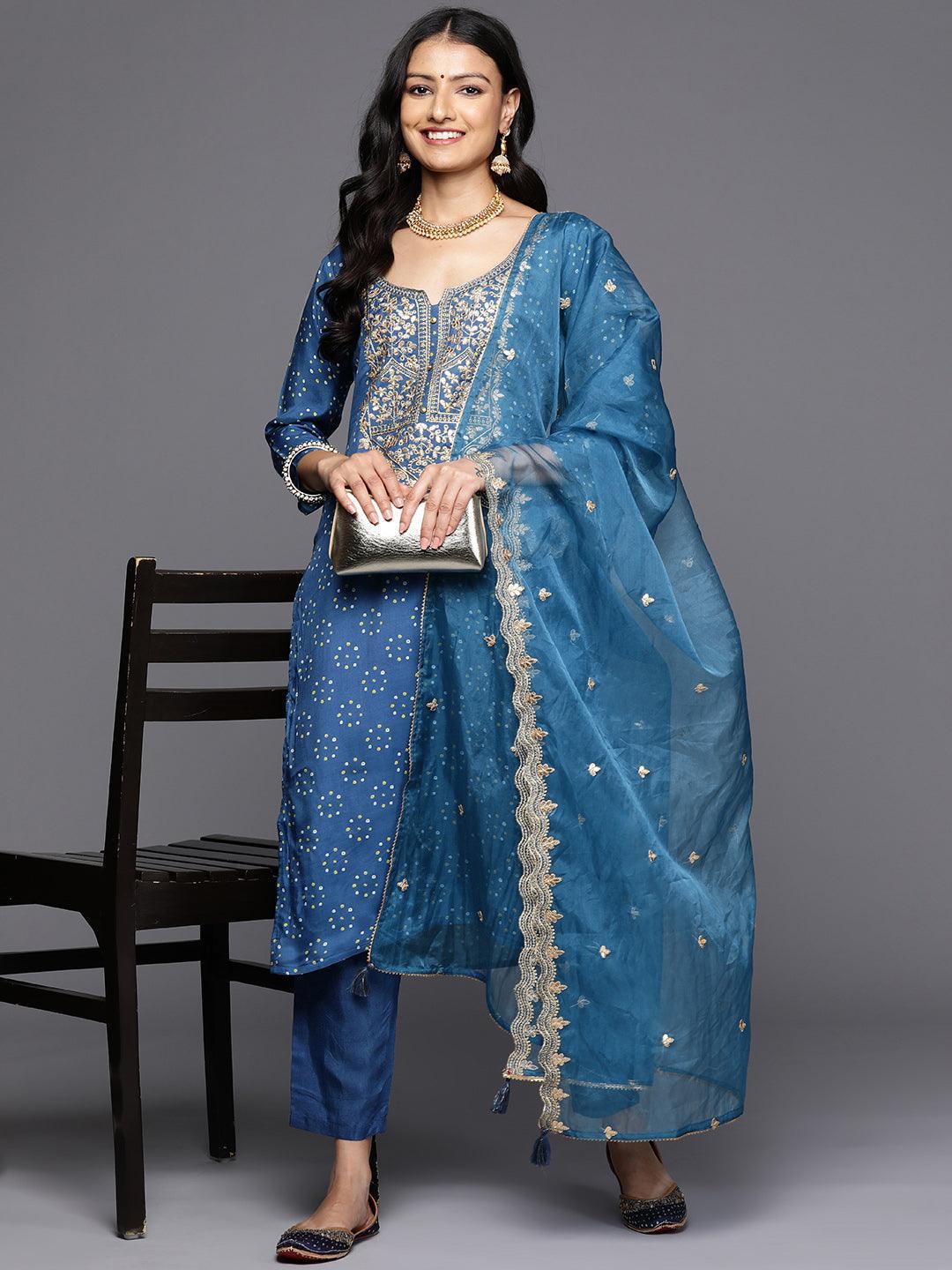 Blue Printed Silk Blend Straight Kurta With Trousers & Dupatta