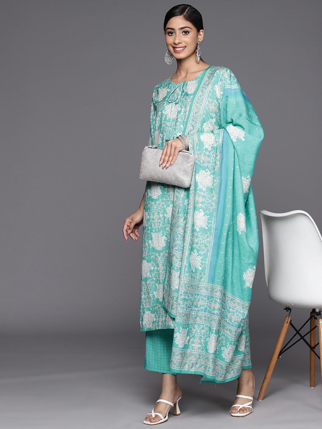 Blue Printed Silk Blend Straight Suit Set With Trousers