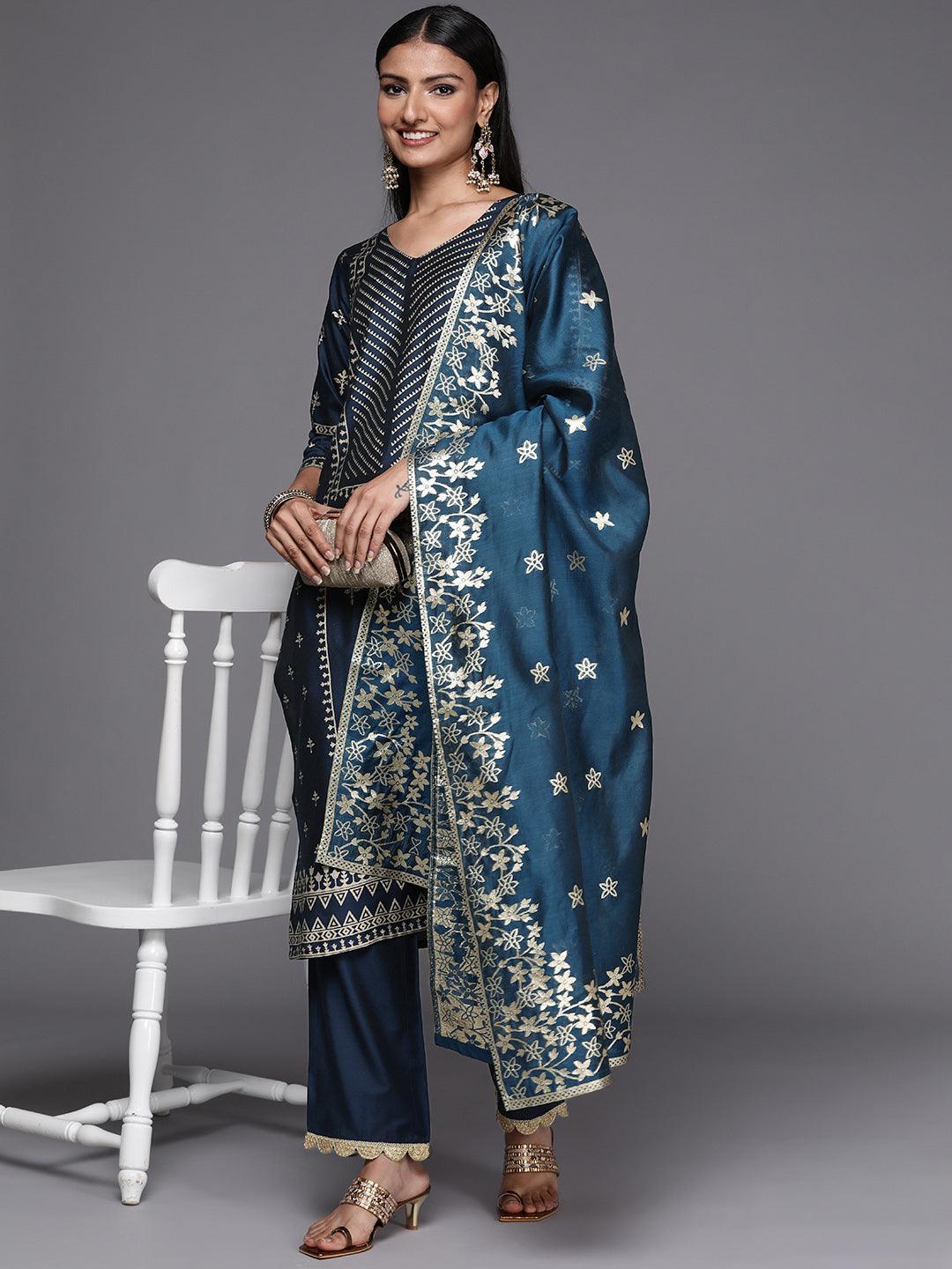 Blue Printed Silk Blend Straight Suit Set