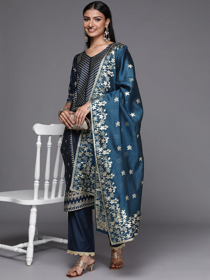 Blue Printed Silk Blend Straight Suit Set - ShopLibas