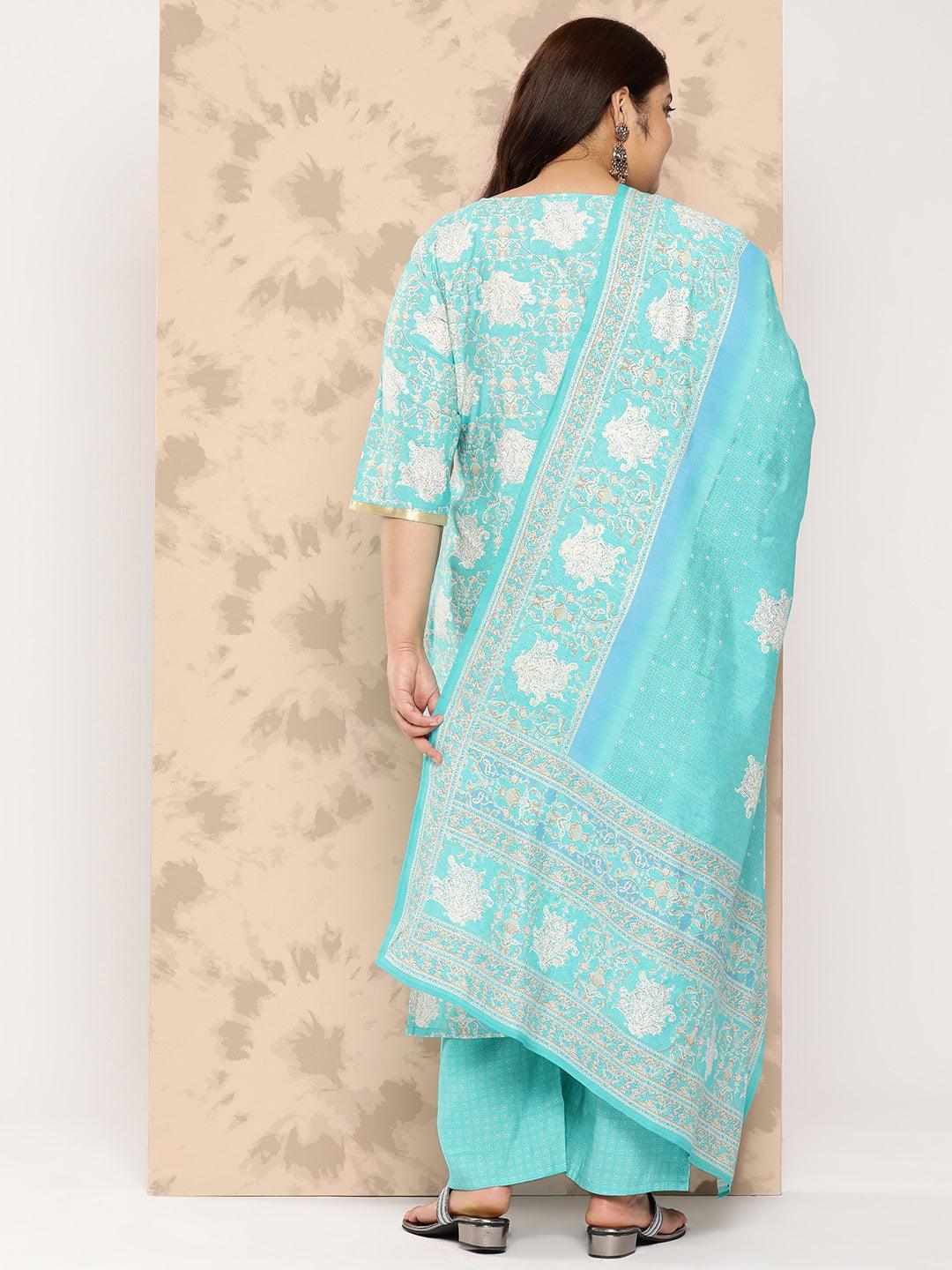 Blue Printed Silk Blend Straight Kurta With Trousers and Dupatta