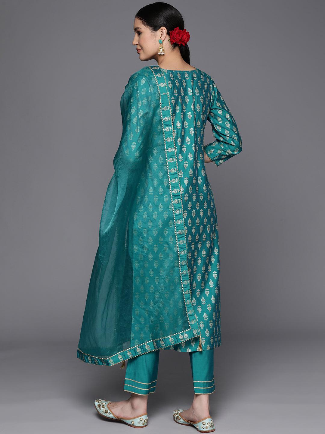 Blue Printed Silk Blend Straight Kurta With Trousers & Dupatta