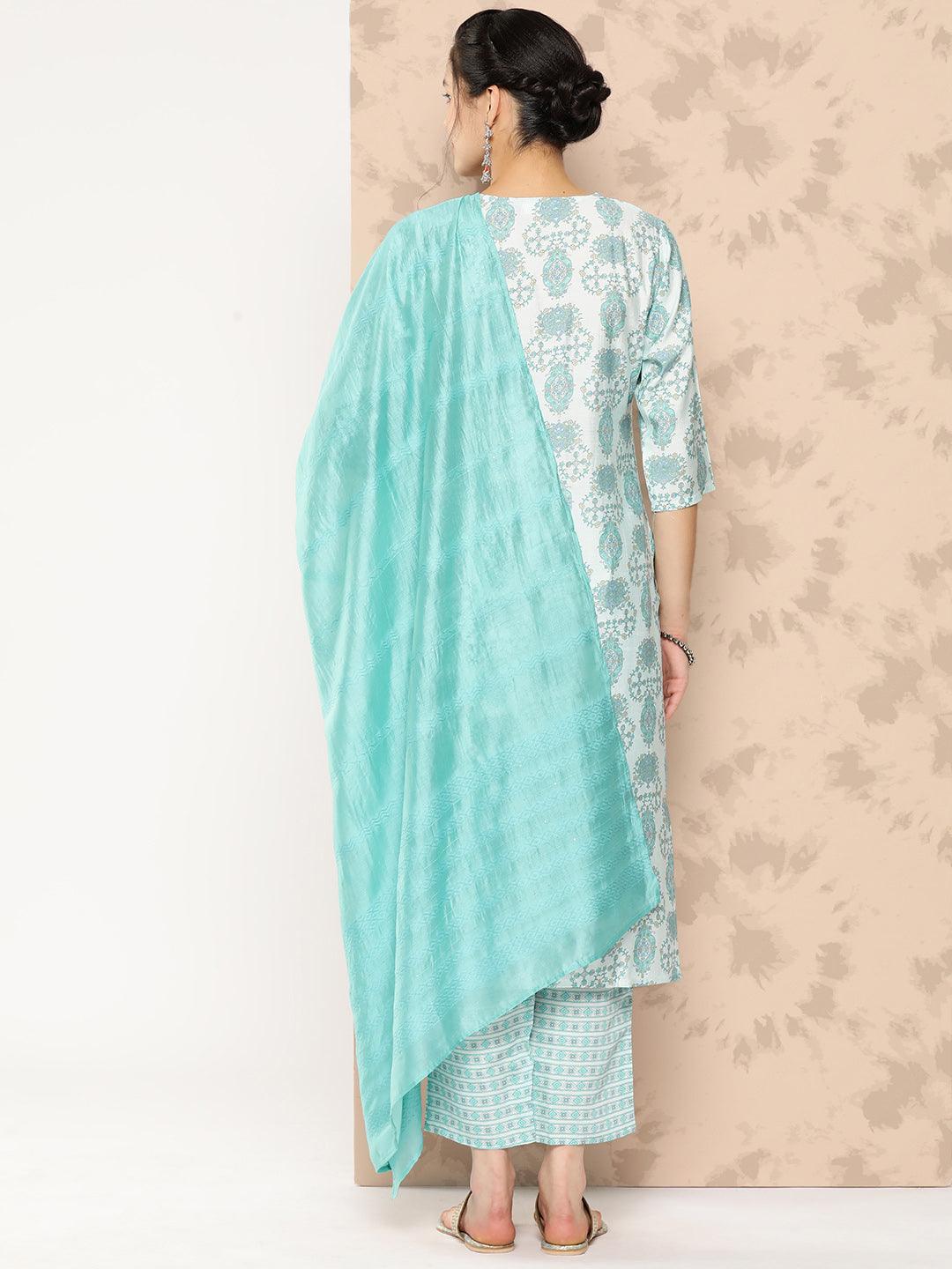 Blue Printed Silk Blend Straight Kurta With Trousers and Dupatta