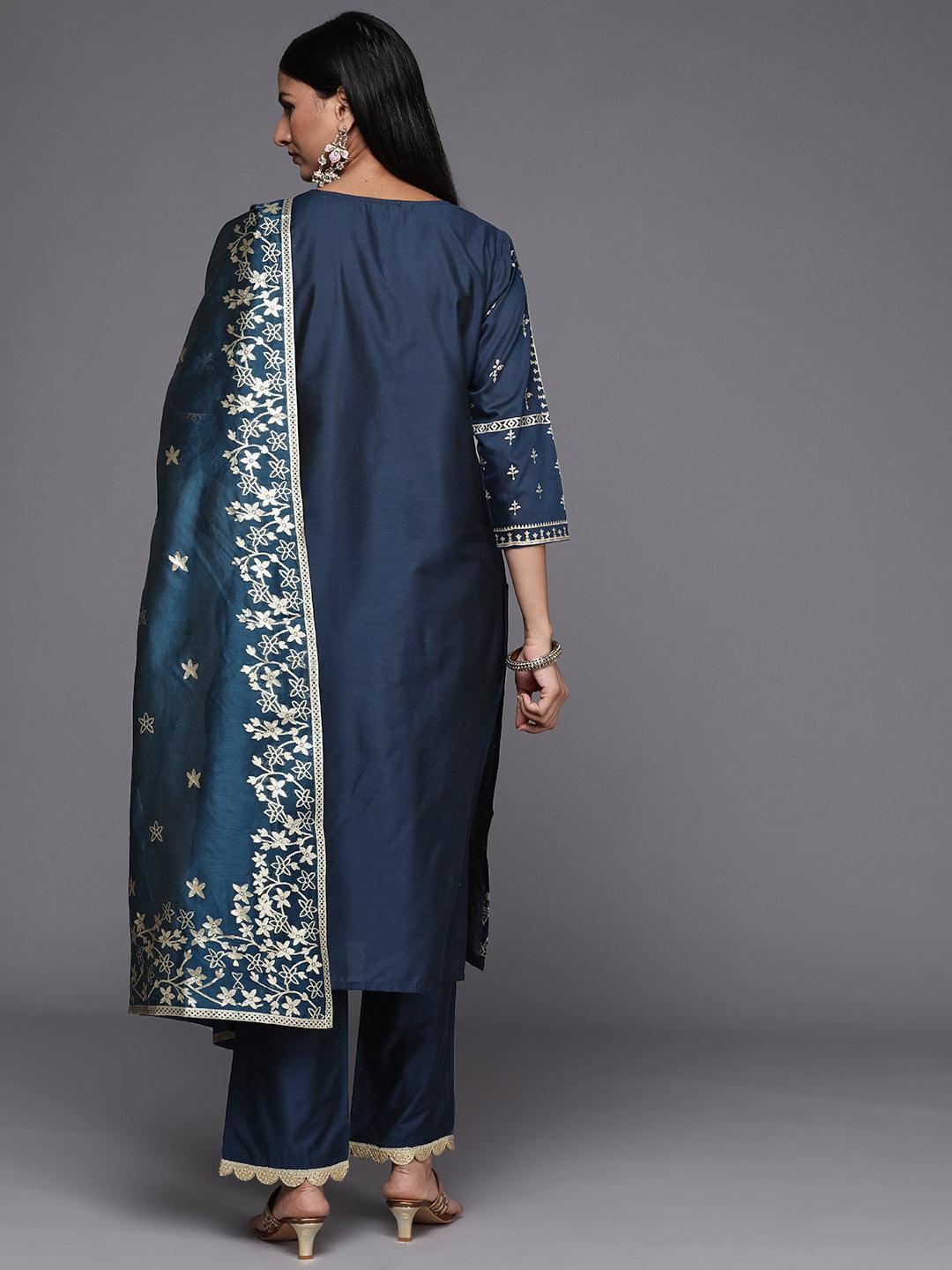 Blue Printed Silk Blend Straight Suit Set