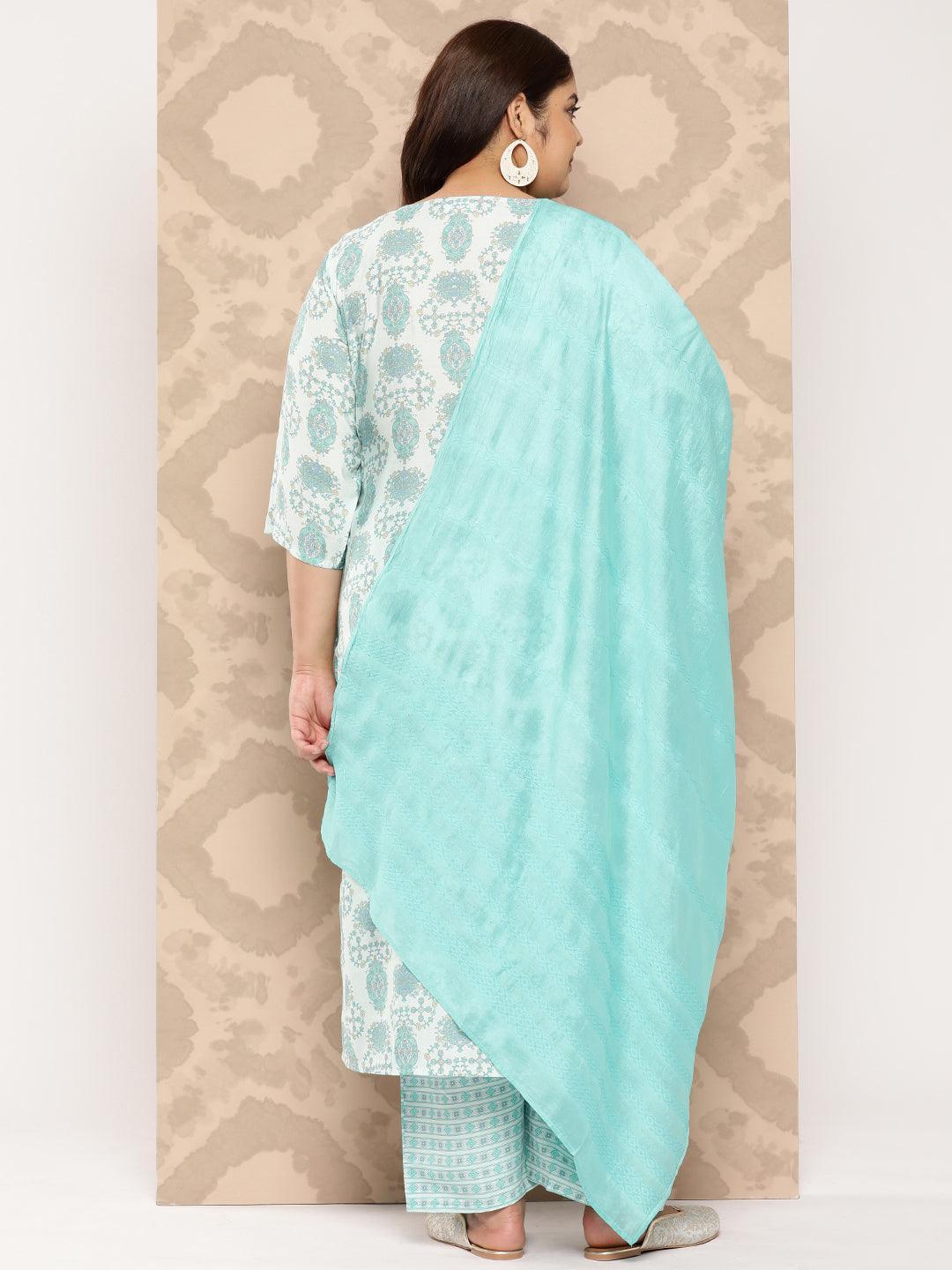 Blue Printed Silk Blend Straight Kurta With Trousers and Dupatta