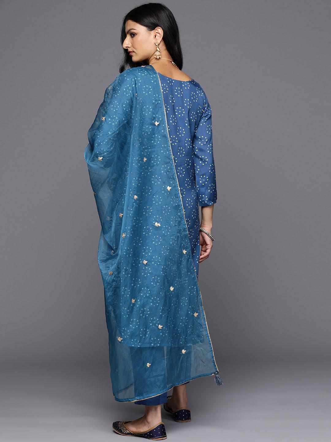 Blue Printed Silk Blend Straight Kurta With Trousers & Dupatta