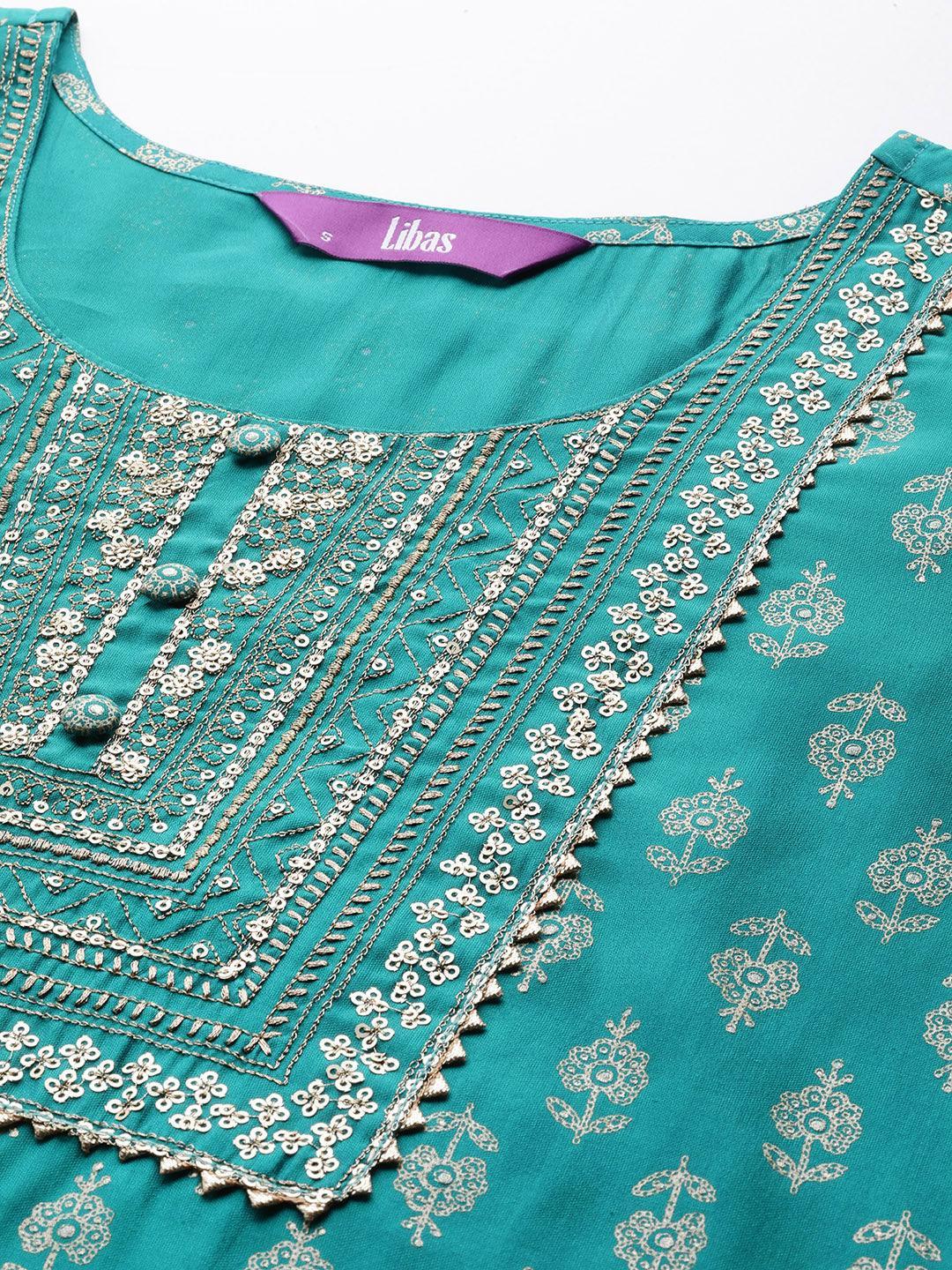 Blue Printed Silk Blend Straight Kurta With Trousers & Dupatta