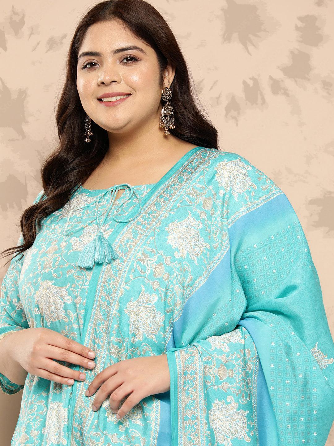 Blue Printed Silk Blend Straight Kurta With Trousers and Dupatta