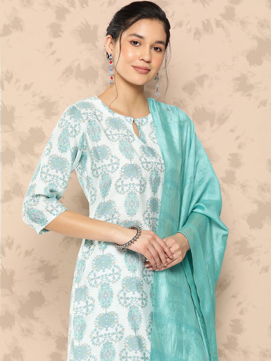 Blue Printed Silk Blend Straight Kurta With Trousers and Dupatta