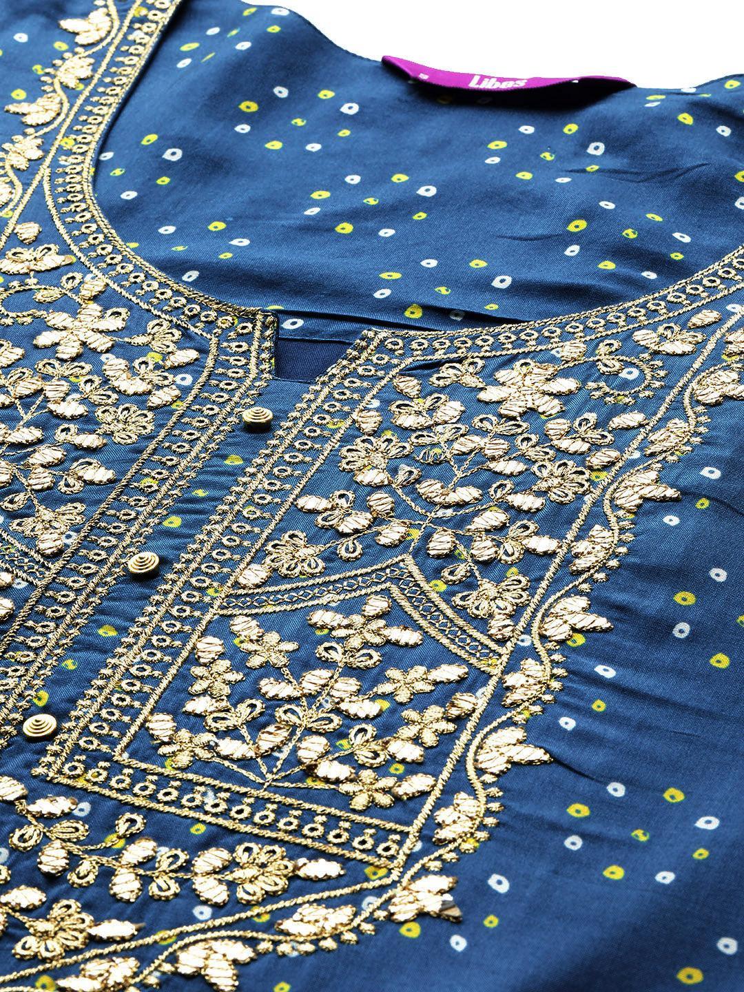 Blue Printed Silk Blend Straight Kurta With Trousers & Dupatta