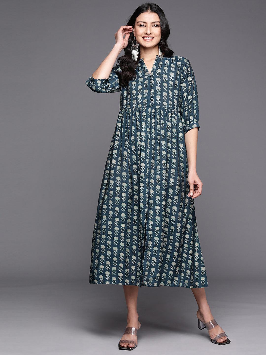 Blue Printed Silk Fit and Flare Dress