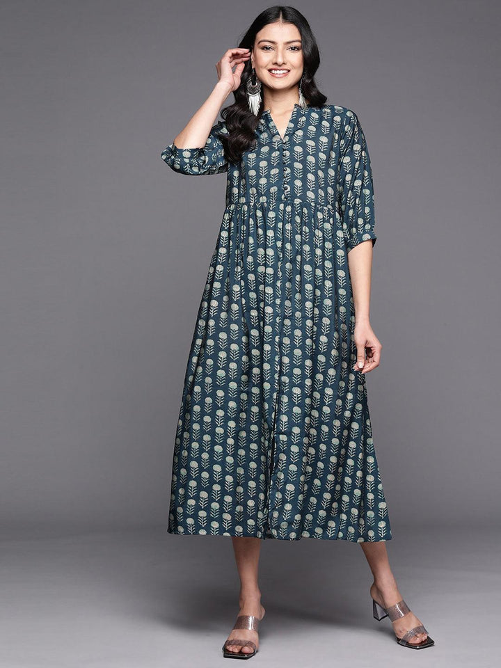 Blue Printed Silk Fit and Flare Dress - ShopLibas