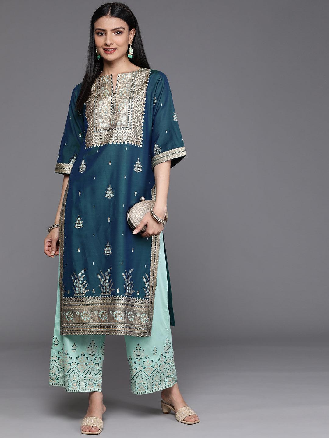 Blue Printed Silk Palazzos - ShopLibas