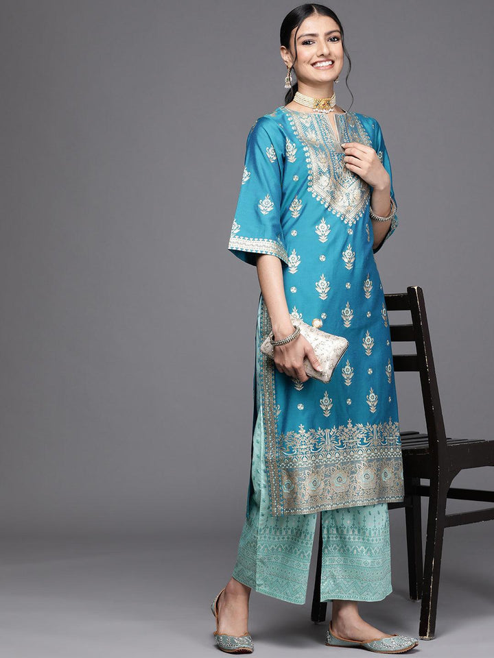 Blue Printed Silk Palazzos - ShopLibas