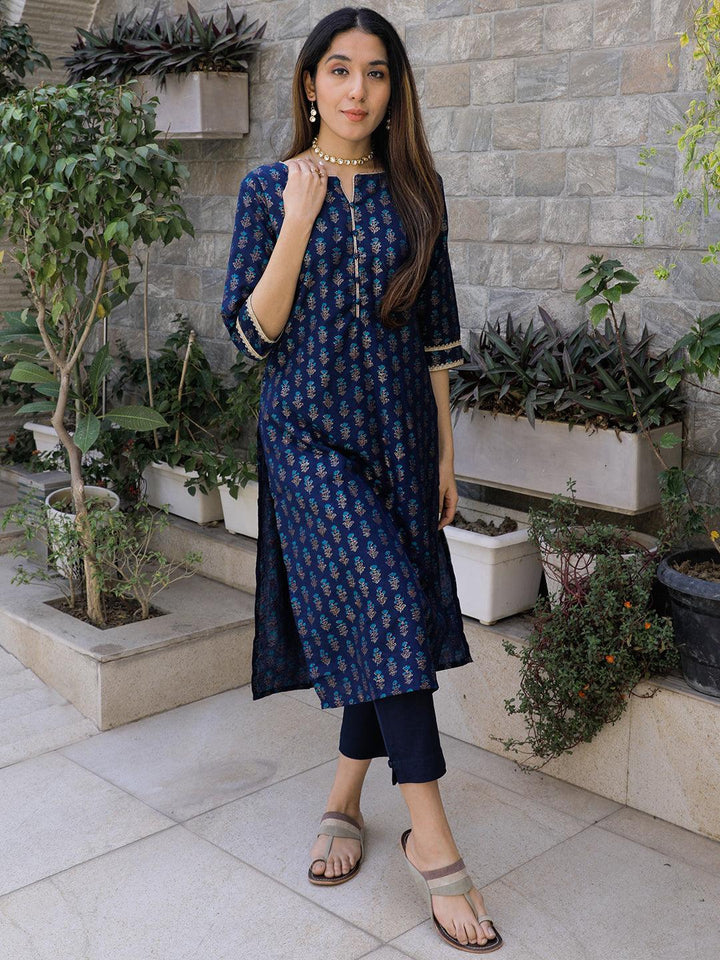 Blue Printed Silk Straight Kurta - ShopLibas