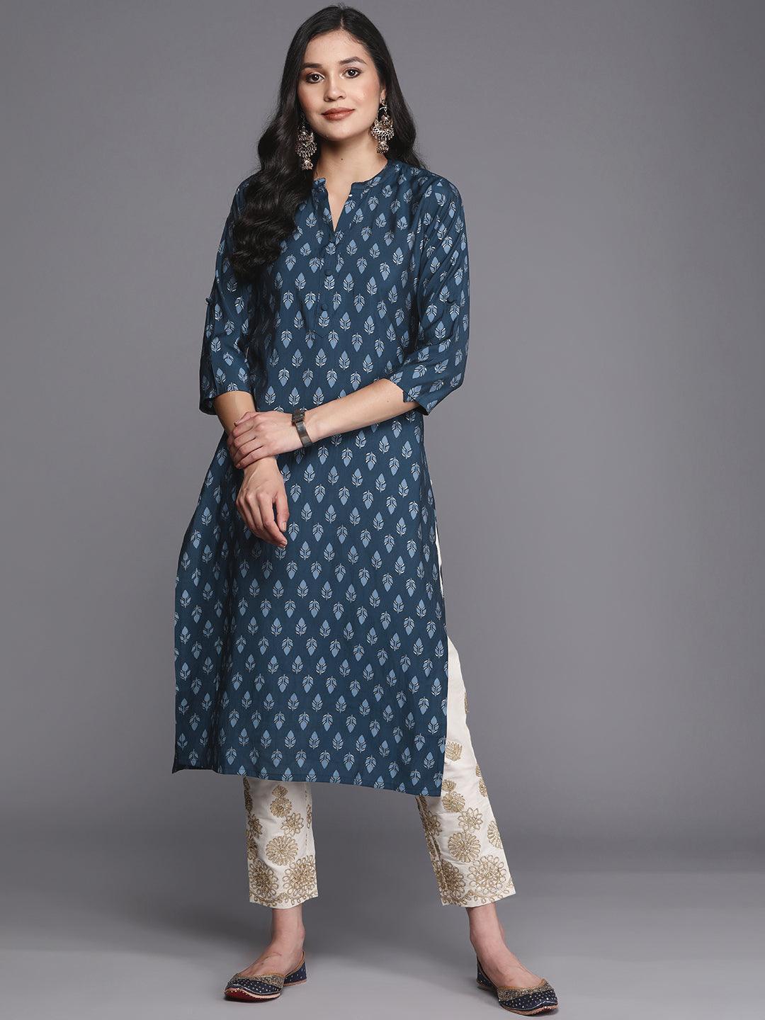 Blue Printed Silk Straight Kurta