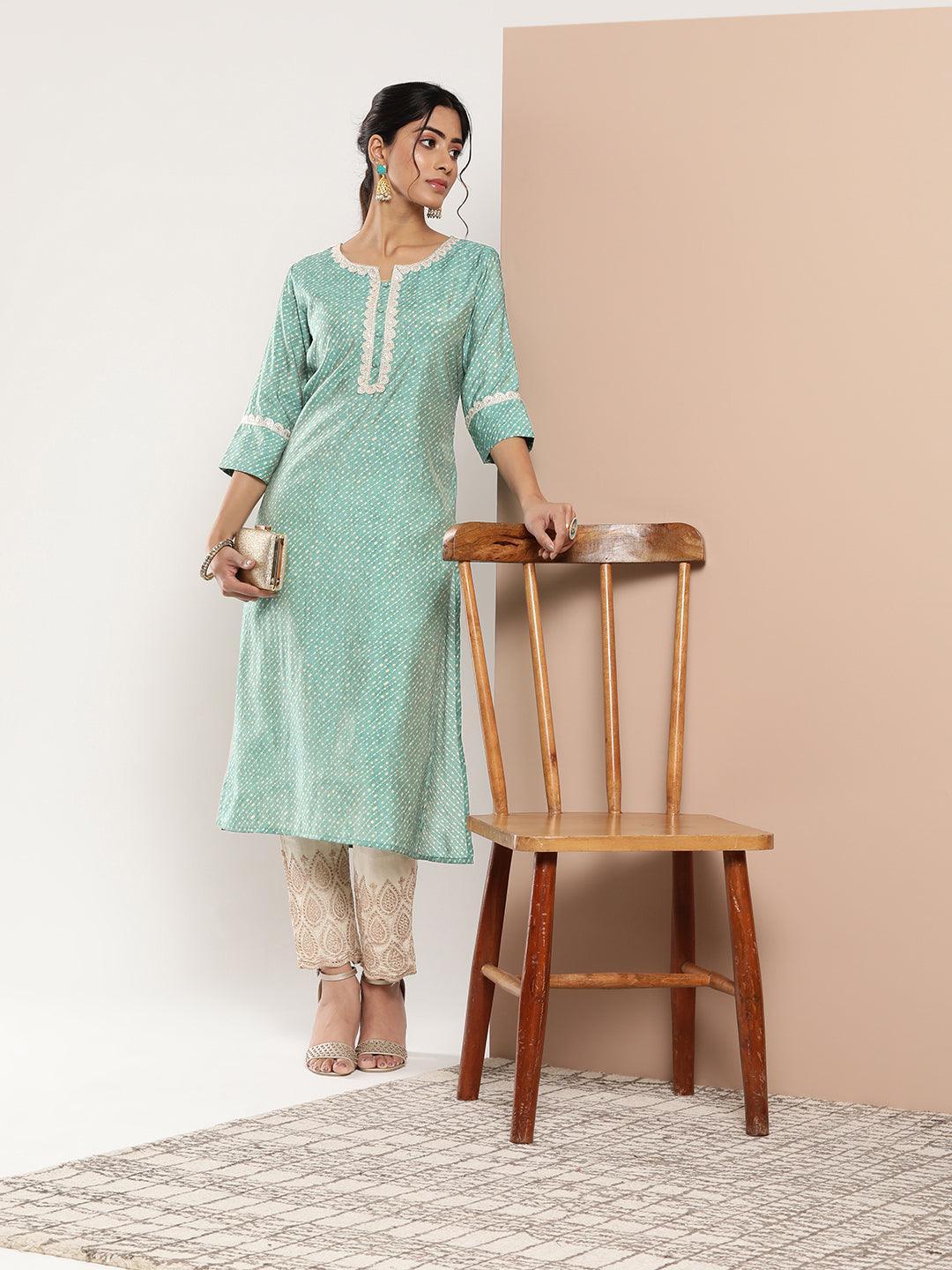 Blue Printed Silk Straight Kurta