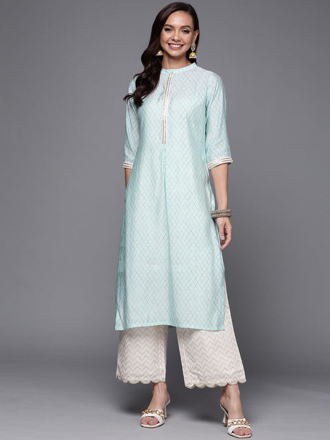 Blue Printed Silk Straight Kurta