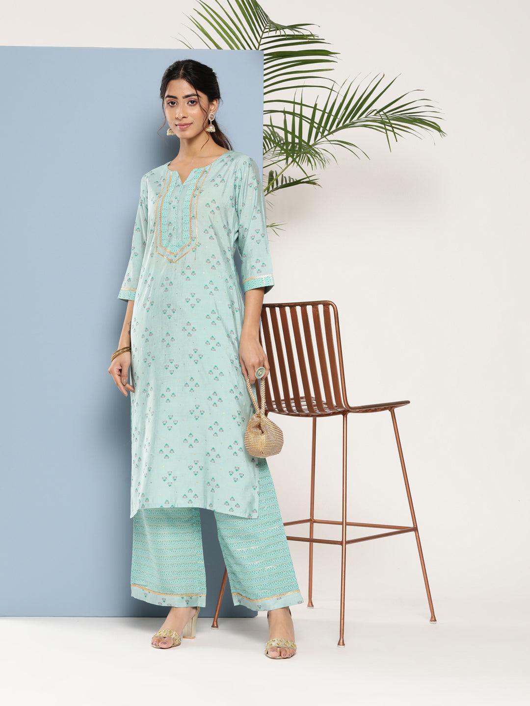 Blue Printed Silk Straight Kurta - ShopLibas