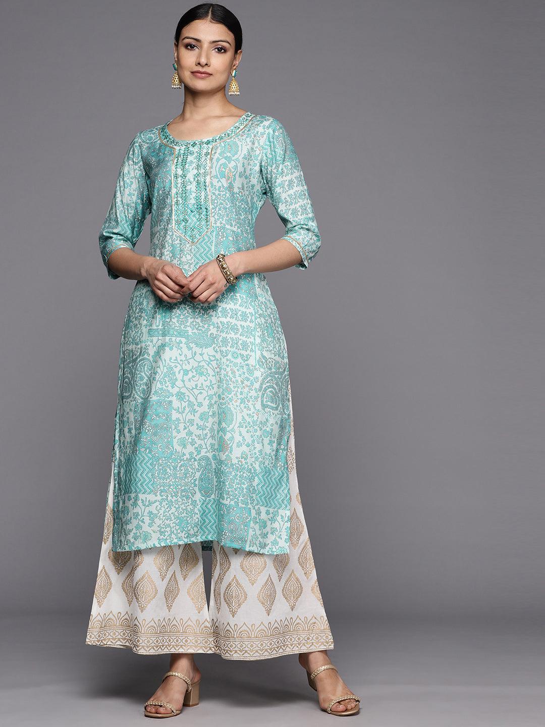 Blue Printed Silk Straight Kurta