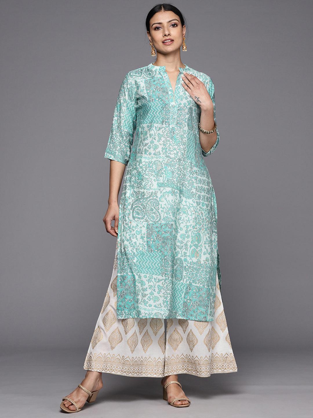 Blue Printed Silk Straight Kurta