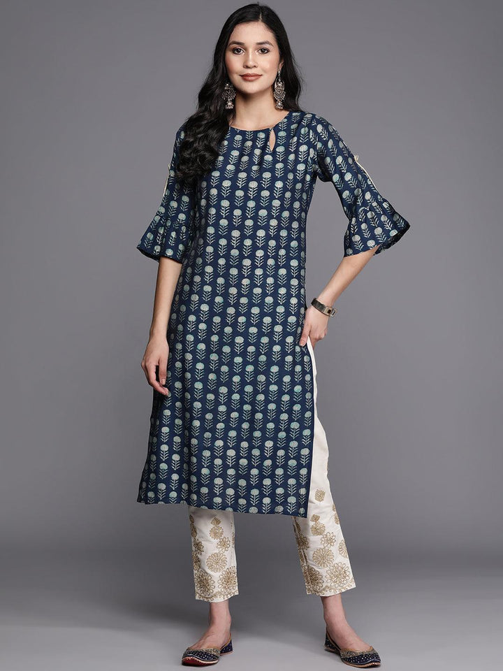 Blue Printed Silk Straight Kurta - ShopLibas