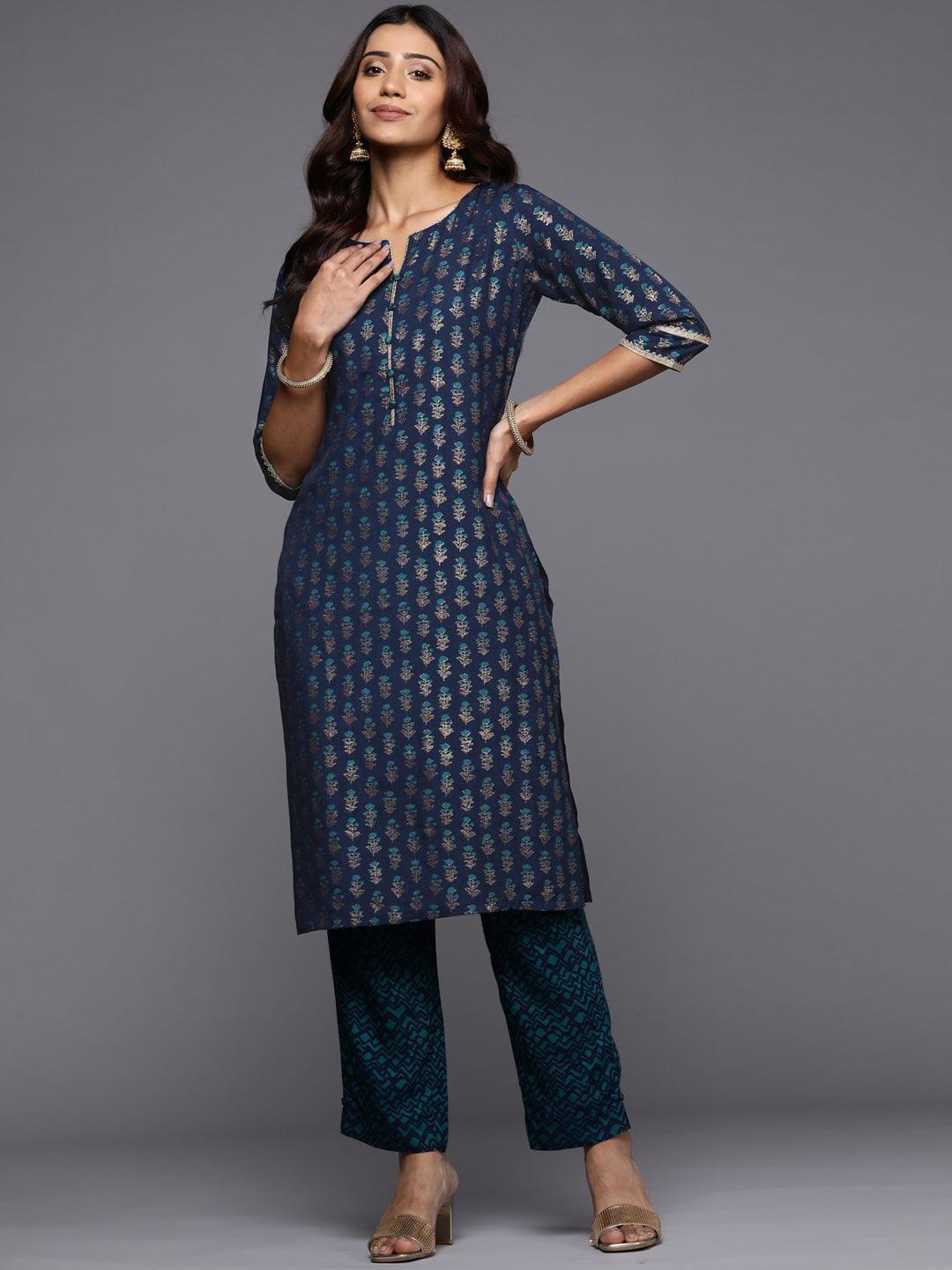 Blue Printed Silk Straight Kurta - ShopLibas