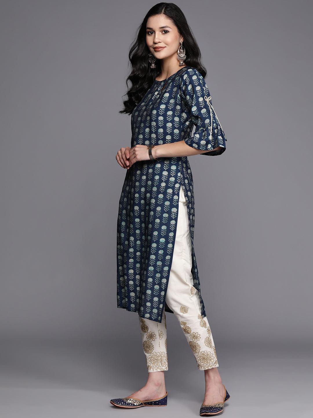 Blue Printed Silk Straight Kurta