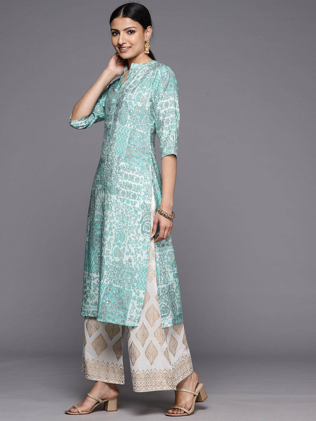 Blue Printed Silk Straight Kurta