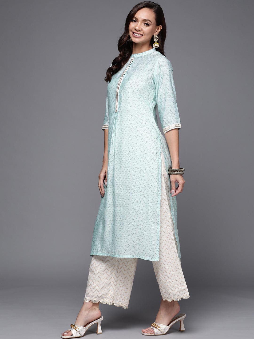 Blue Printed Silk Straight Kurta