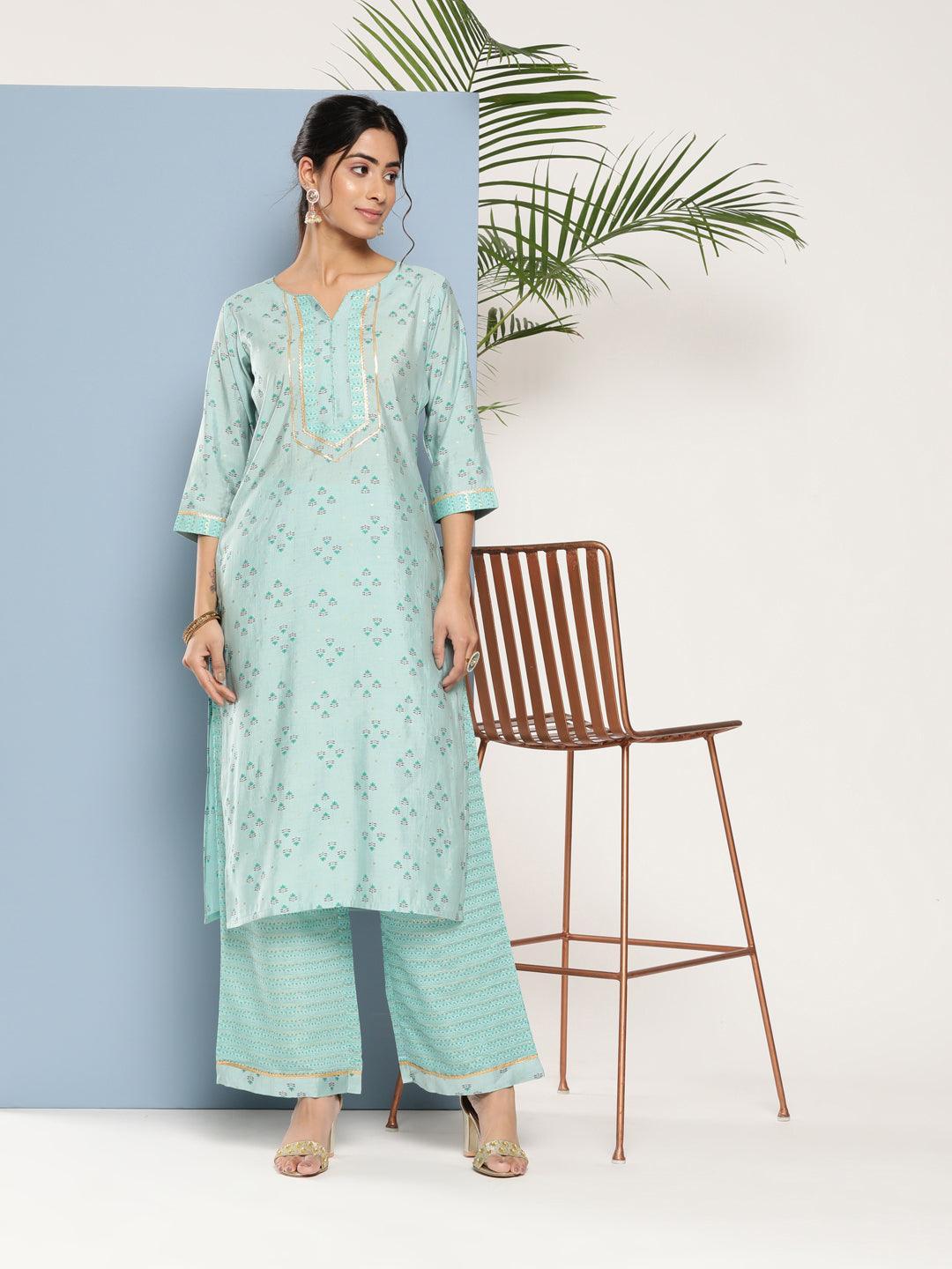 Blue Printed Silk Straight Kurta